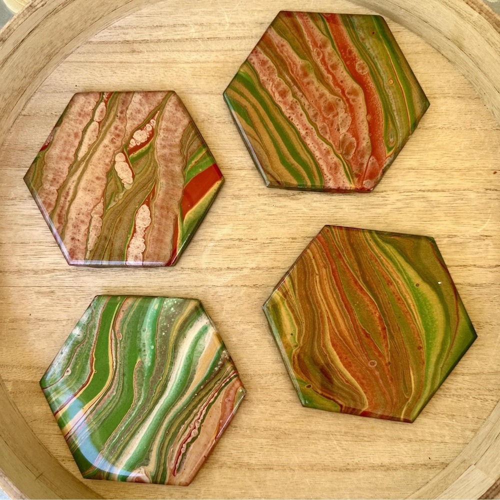 Acrylic Fluid Art Ceramic Hex 4.25" Tile Cork Backed Coasters Mother's Day
